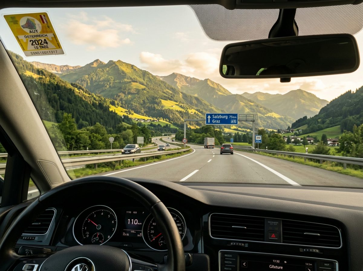 Autobahn mit Vignette an der Windschutzscheibe